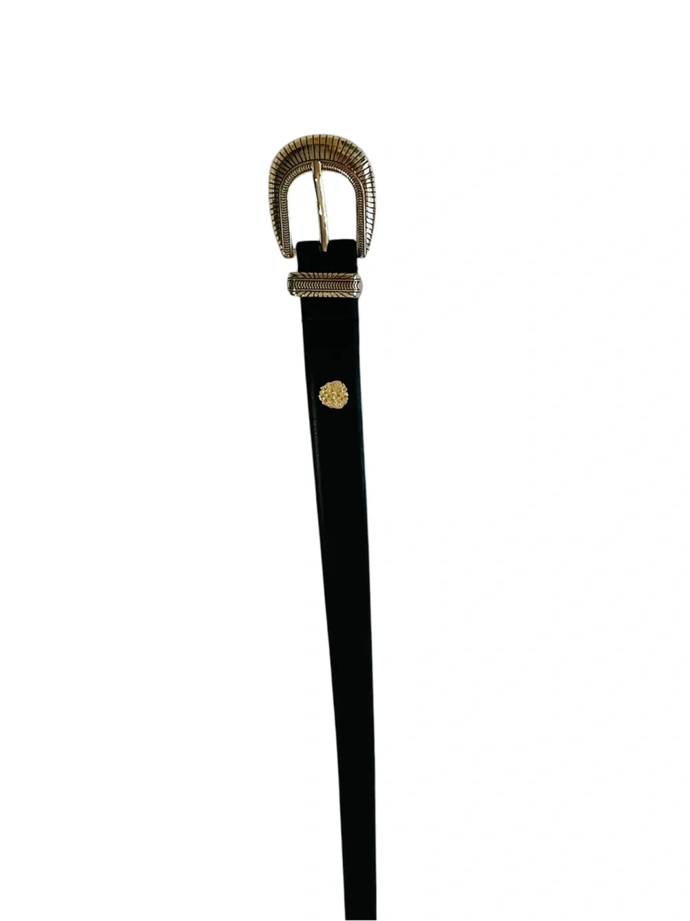Vince Camuto Black Leather Belt with Textured Gold Buckle